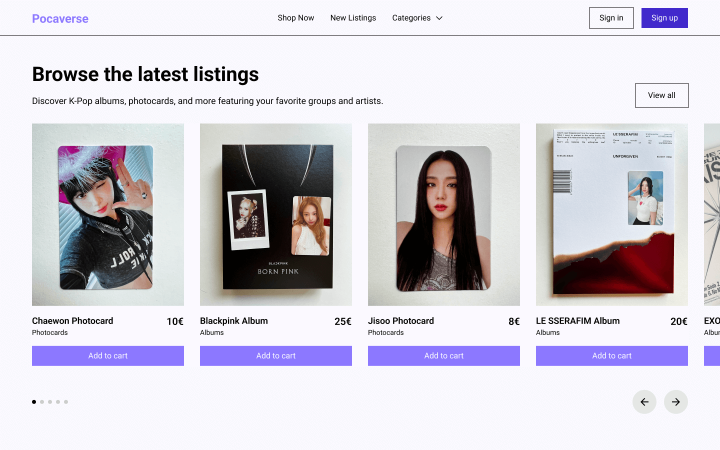 Preview of the platform with the products' page