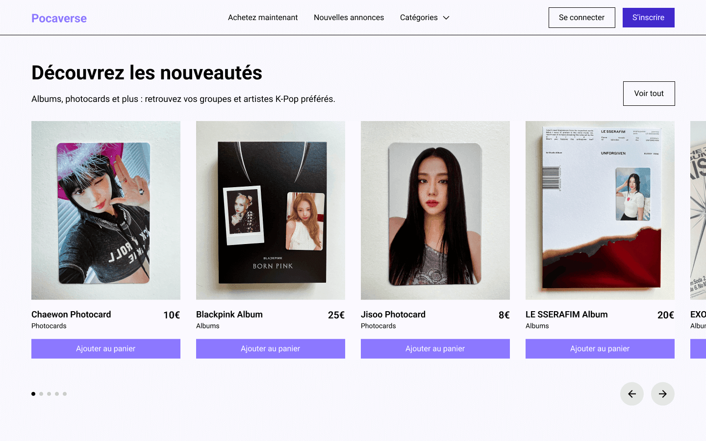 Aperçu de la plateforme avec la page des produits