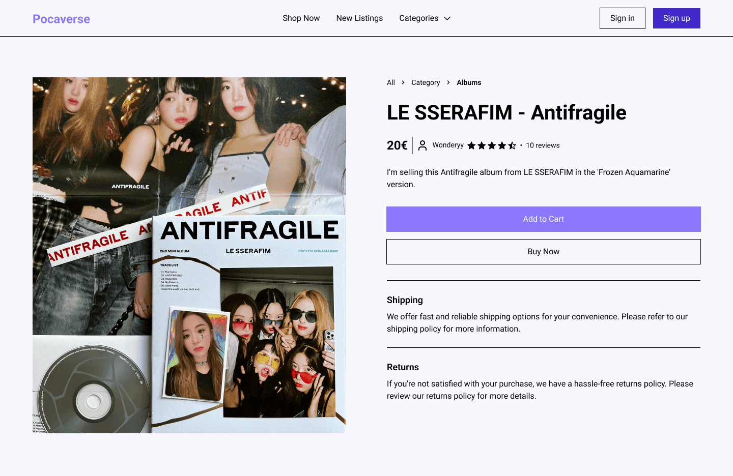 Image of the product detail page which is a K-Pop album of an group