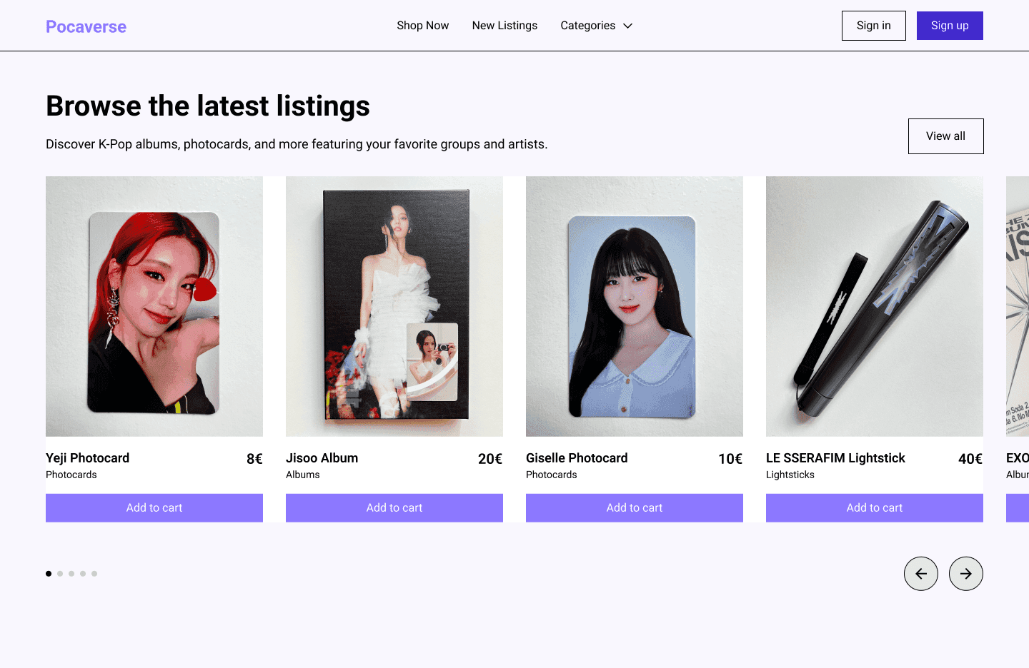 Image of the products' page including albums, photocards, lightsticks and more